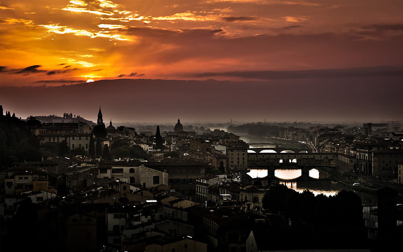 Sunset Over Florence, architecture, house, sun, bonito, sunset, clouds, italia, city, splendor, bridge, beauty, river, evening, italy, amazing, lovely, view, houses, buildings, town, church, sky, building, water, florence, peaceful, nature, HD wallpaper