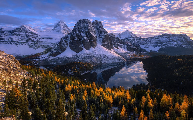 mountain landscape, autumn, sunset, evening, mountain lake, Canada, HD wallpaper