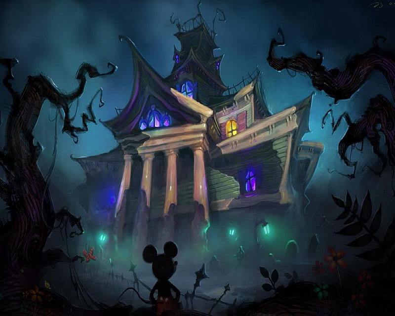 Mickey And The Haunted Mansion, haunted mansion, grave yard, mickey mouse, trees, HD wallpaper