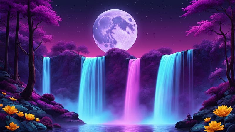 A waterfall and a moon in a purple forest, elenk neon szinek, lila fak, sarga viragok, erdei vizeses, telihold, lila erdo, vilagito arnyalatok, HD wallpaper