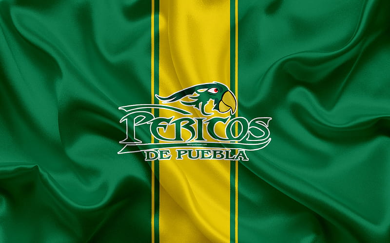 Pericos de Puebla Mexican baseball club, logo, silk texture, LMB, emblem, green yellow flag, Mexican Baseball League, Triple-A Minor League, Puebla, Mexico, HD wallpaper