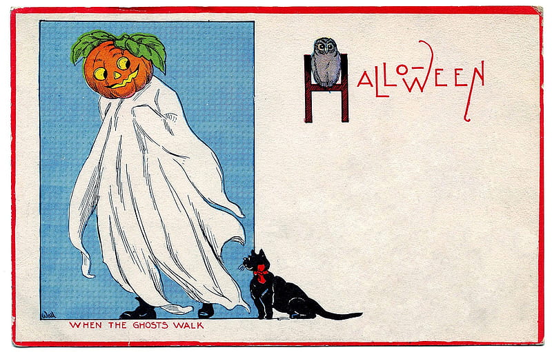 Happy Halloween!, retro, ghost, halloween, pumpkin, black, cat, card, vintage, HD wallpaper