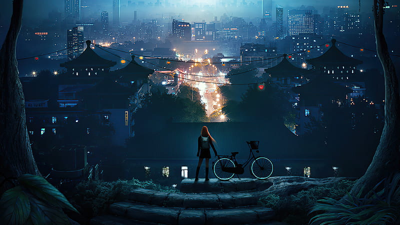 Late Bike Ride , alone, artist, artwork, digital-art, HD wallpaper