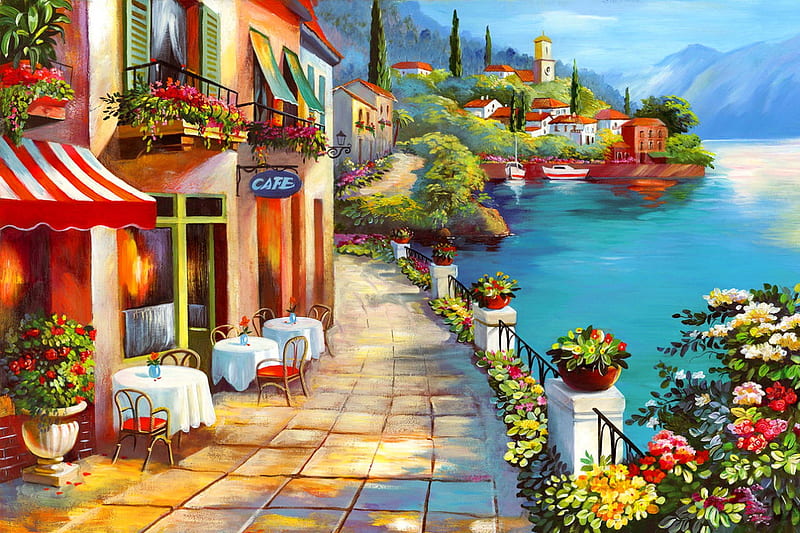 Seascape, art, cafe, view, town, bonito, que, sea, painting, summer, peaceful, coast, HD wallpaper