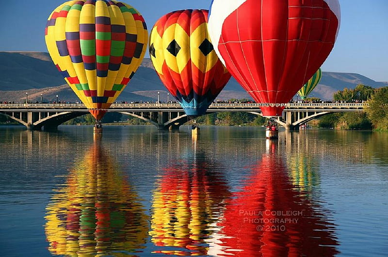 three hot air balloons, colorful, water, air, ballons, reflections, HD wallpaper