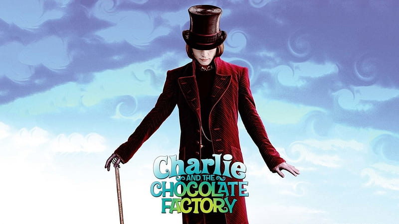 Charlie and the Chocolate Factory (2005), poster, red, movie, Willy Wonka, black, man, hat, Charlie and the Chocolate Factory, fantasy, actor, Johnny Depp, blue, HD wallpaper