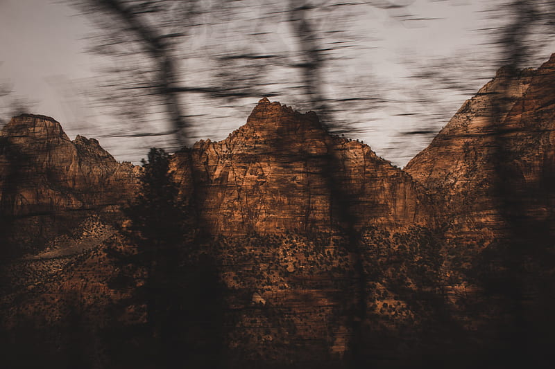 mountains, rocks, brown, trees, blur, HD wallpaper