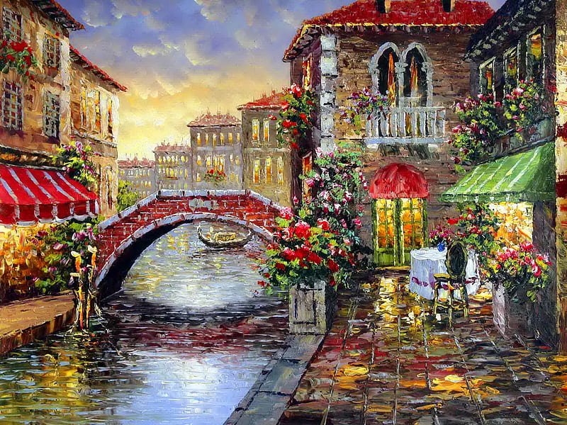 Venice, art, canal, Italy, houses, painting, bonito, HD wallpaper