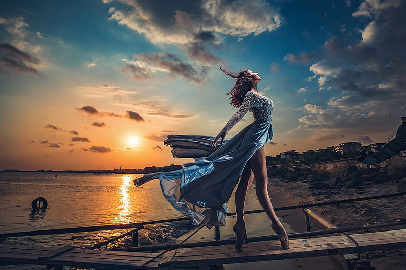 ლ, Shore, Sunset, Ballerina, Dress, Sky, Girl, HD wallpaper