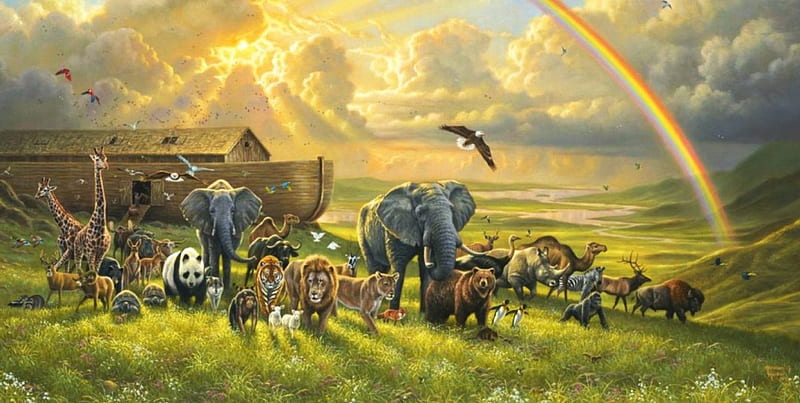 New Beginning, elephants, sun, tiger, clouds, artwork, Arc, painting, bears, giraffe, landscape, lions, animals, HD wallpaper