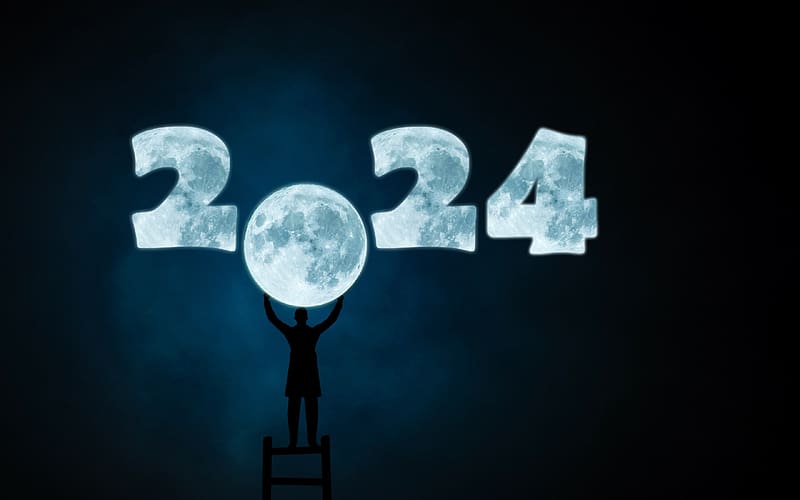 Happy New Year!, night, blue, craciun, moon, luna, 2024, new year, silhouette, christmas, HD wallpaper