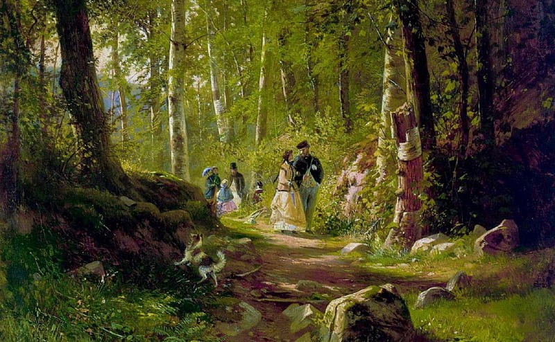 Walk in the forest, forest, art, man, woman, Ivan Ivanovich Shishkin, tree, green, people, painting, walk, HD wallpaper