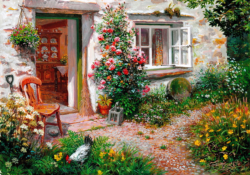 Roses around door, pretty, art, house, lovely, grass, spring, roses, door, summer, flowers, HD wallpaper