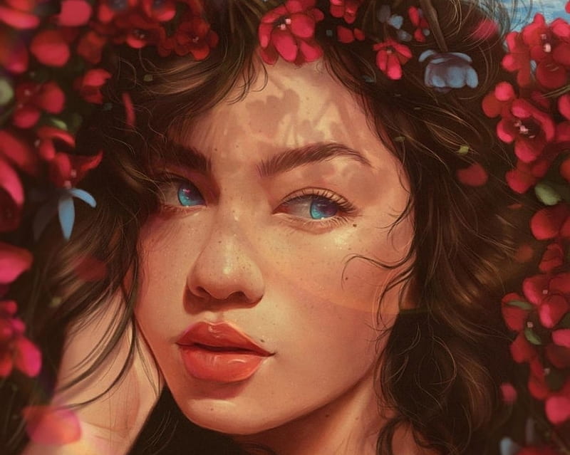 Between secrets, girl, arthurhenry, secret, face, art, red, frumusete, luminos, fantasy, flower, arthur henry, HD wallpaper