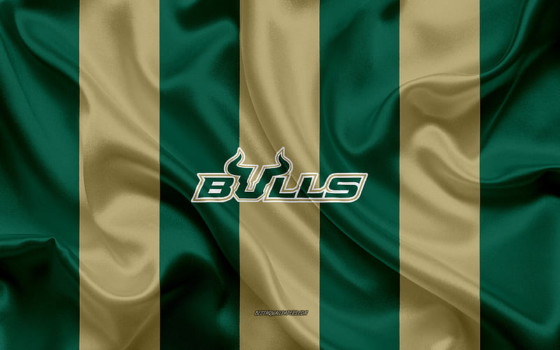 South Florida Bulls, American football team, emblem, silk flag, green-gold silk texture, NCAA, South Florida Bulls logo, Tampa, Florida, USA, American football, University of South Florida, HD wallpaper