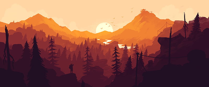 Sunrise, forest, luminos, yellow, man, silhouette, mountain, tree, fantasy, vector, HD wallpaper