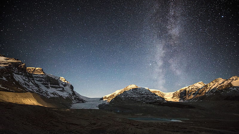 Athabasca Glacier in Jasper National Park, Alberta, night, canada, stars, mountains, milky way, sky, HD wallpaper