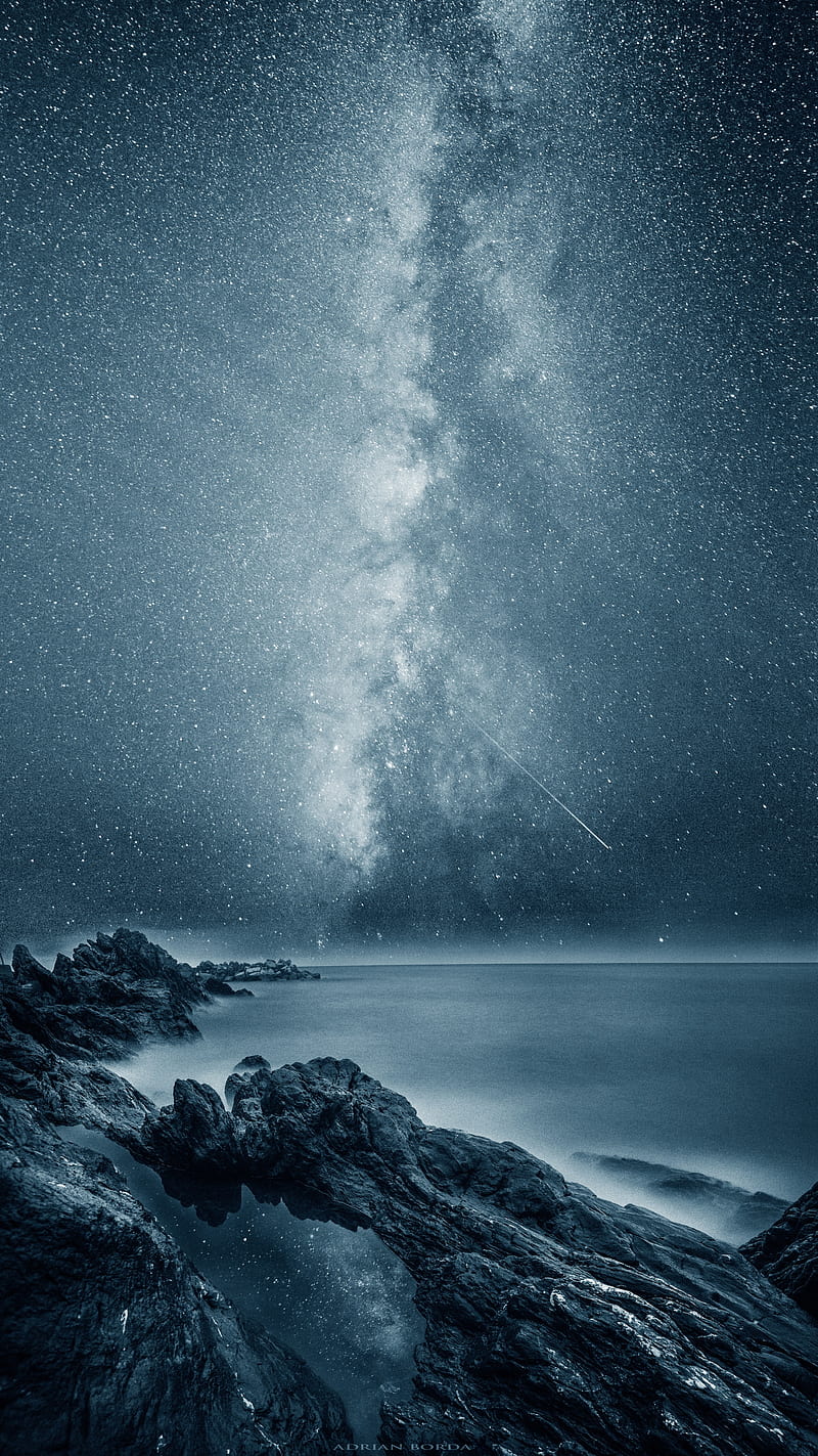 Reflecting Infinity, landscape, night, ocean, plus, s7, samsung, sea, stars, HD phone wallpaper