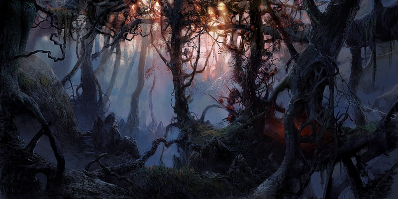 dark forest, trees, branches, roots, cobweb, Fantasy, HD wallpaper
