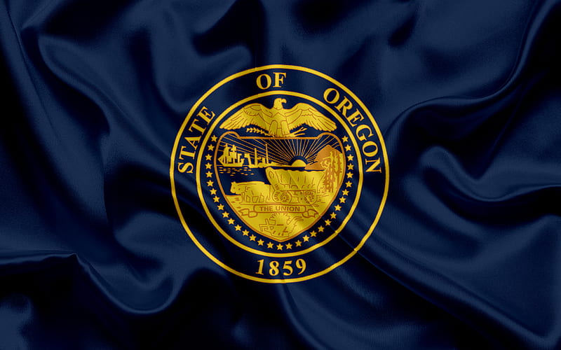 Oregon State Flag, flags of States, flag State of Oregon, USA, state Oregon, blue silk flag, Oregon coat of arms, HD wallpaper