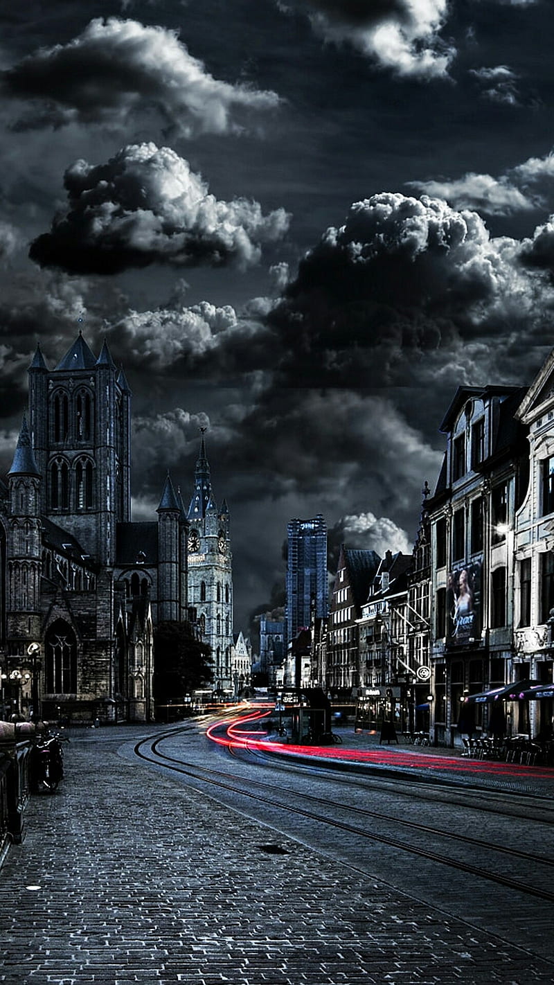 Night city, bonito, black, buildings, church, colorful, dark, nature, town, HD phone wallpaper