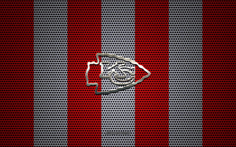 Kansas City Chiefs logo, American football club, metal emblem, red and white metal mesh background, Kansas City Chiefs, NFL, Kansas City, Missouri, USA, american football, HD wallpaper