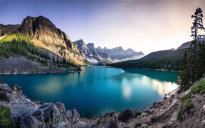 Moraine Lake, Mountains, Morning, Sunrise, mountain lake, glacial lake, Banff National Park, Canada, forest, HD wallpaper