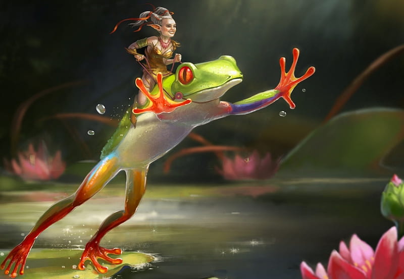Riding a frog, art, lotus, orange, elf, lake, cute, frog, fantasy, water, green, flower, pink, creature, HD wallpaper