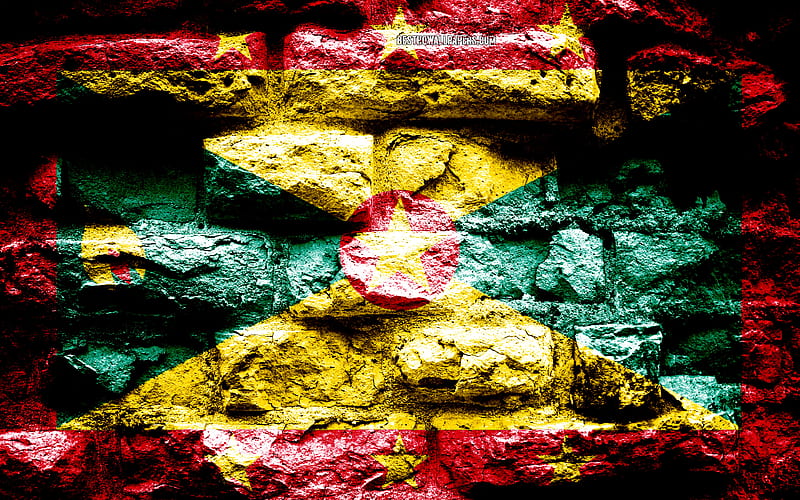 Grenada flag, grunge brick texture, Flag of Grenada, flag on brick wall, Grenada, Europe, flags of North America countries, HD wallpaper