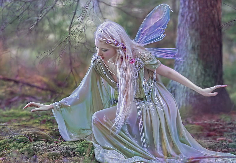 Fairy, a m lorek, woman, wings, model, luminos, fantasy, girl, flower, jewel, pink, HD wallpaper