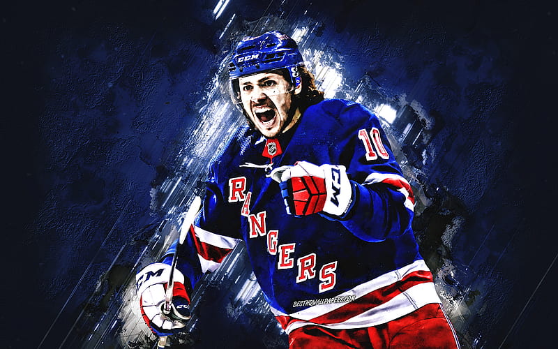 Artemi Panarin, New York Rangers, NHL, Russian hockey player, portrait, blue stone background, hockey, HD wallpaper