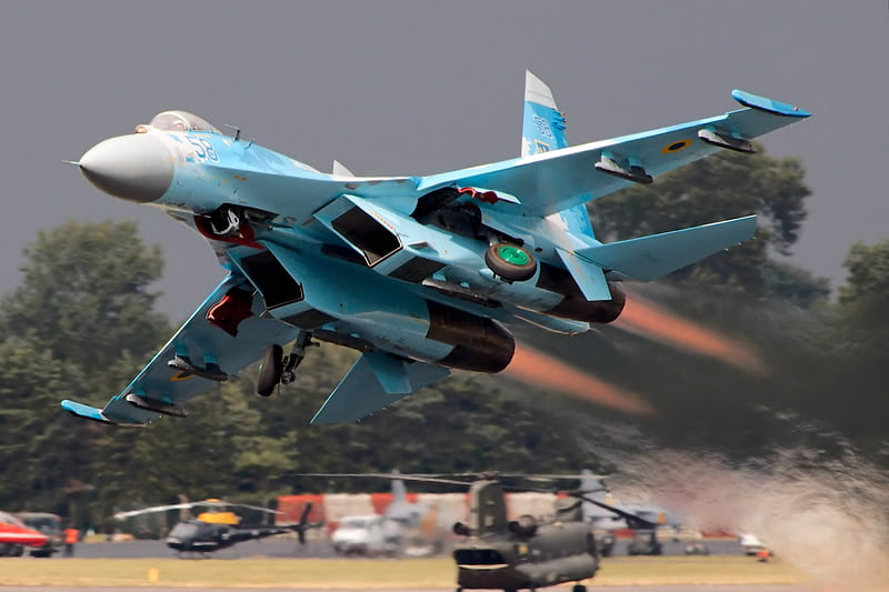 Russian SU27 on Takeoff, afterburners, aircraft, military, russian, su27, HD wallpaper