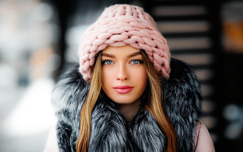 Beauty, model, woman, hat, iarna, winter, girl, face, pink, olga boyko, fur, HD wallpaper