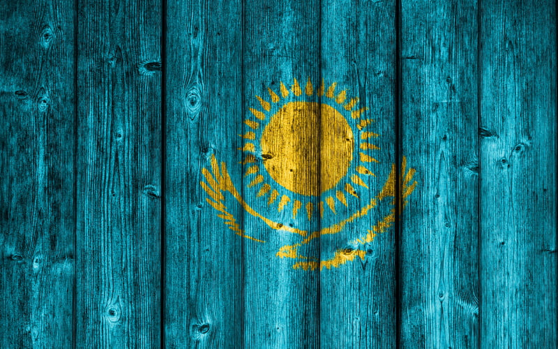 Flag Of Kazakhstan, wooden planks, wooden background, wooden texture, Kazakhstan flag, HD wallpaper