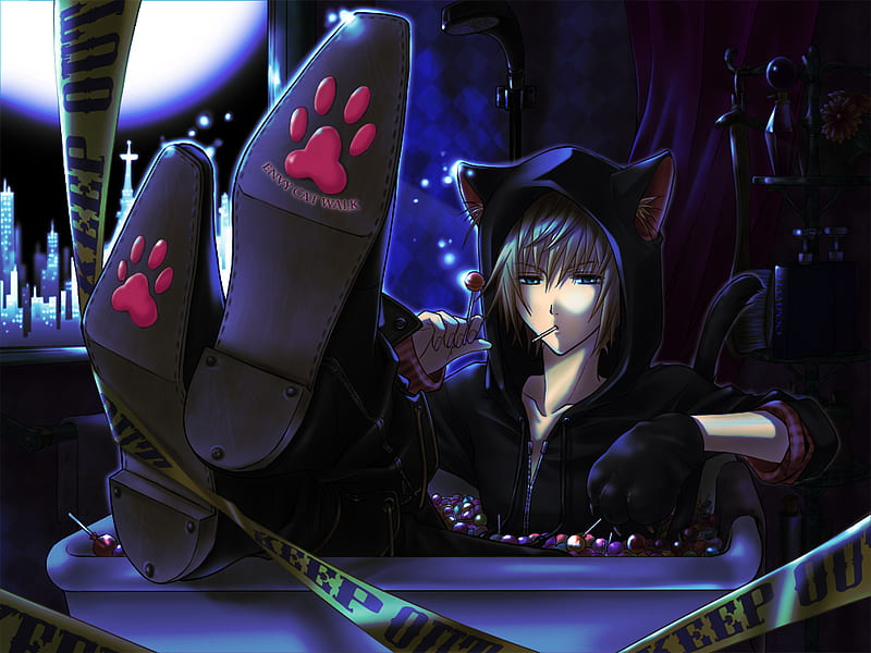 Crime Scene, candy, hood, night sky, sucker, sweets, mouth hold, city, moon, gloves, bathtub, black outfit, kagamine len, night, animal hood, vocaloid, kemonomimi, paw print shoes, lollipop, male, window, food, blonde hair, sky, short hair, building, tape, solo, sitting, catwalk envy, HD wallpaper