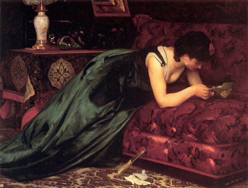the love letter by Emile Levy, red, art, dress, interior, vase, woman, the love letter, brunette, emile levy, green, dark, painting, white, sofa, HD wallpaper