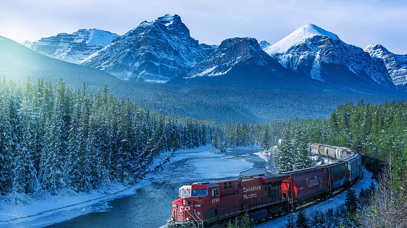 Landscape View Of White Covered Mountains And Red Train On Track Nature, HD wallpaper