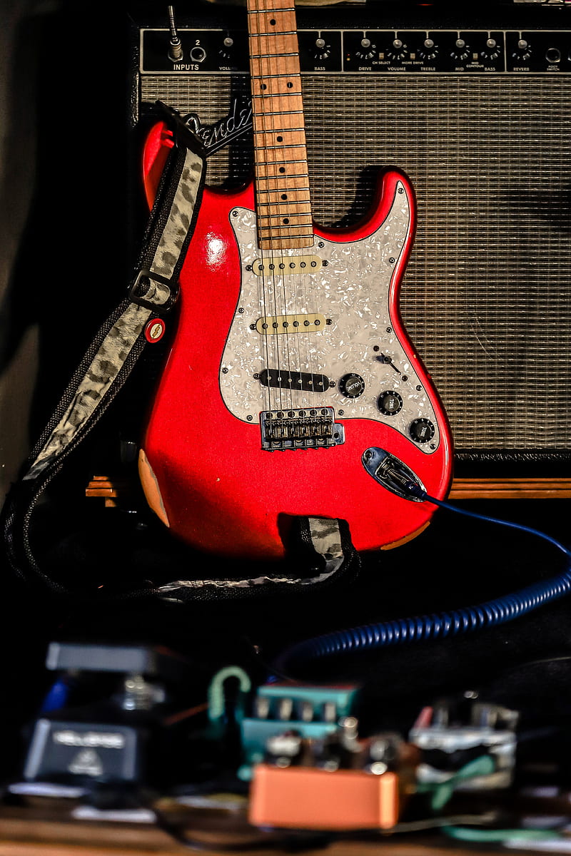 electric guitar, guitar, red, music, rock, HD phone wallpaper