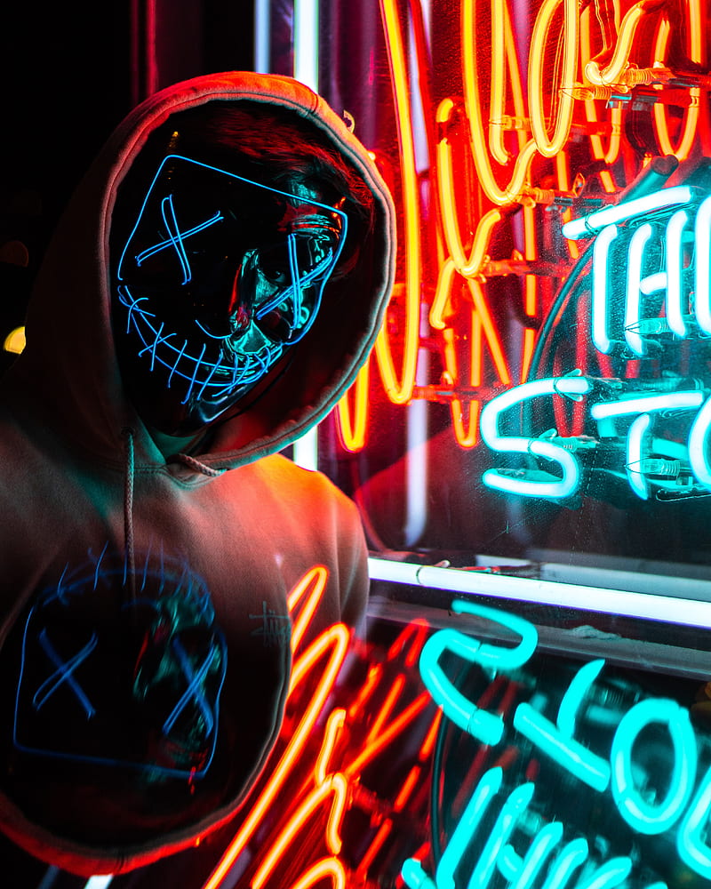 man, mask, hood, neon, light, HD phone wallpaper