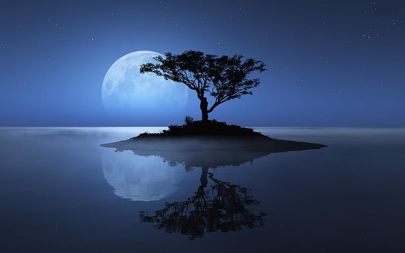 Island Sky Moon Tree, island, sky, moon, tree, landscape, artist, artwork, digital-art, HD wallpaper