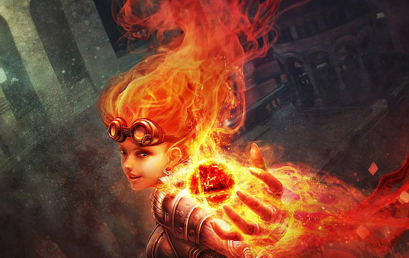 Chandra, fire, fantasy, girl, orange, game, magic the gathering, woman, HD wallpaper