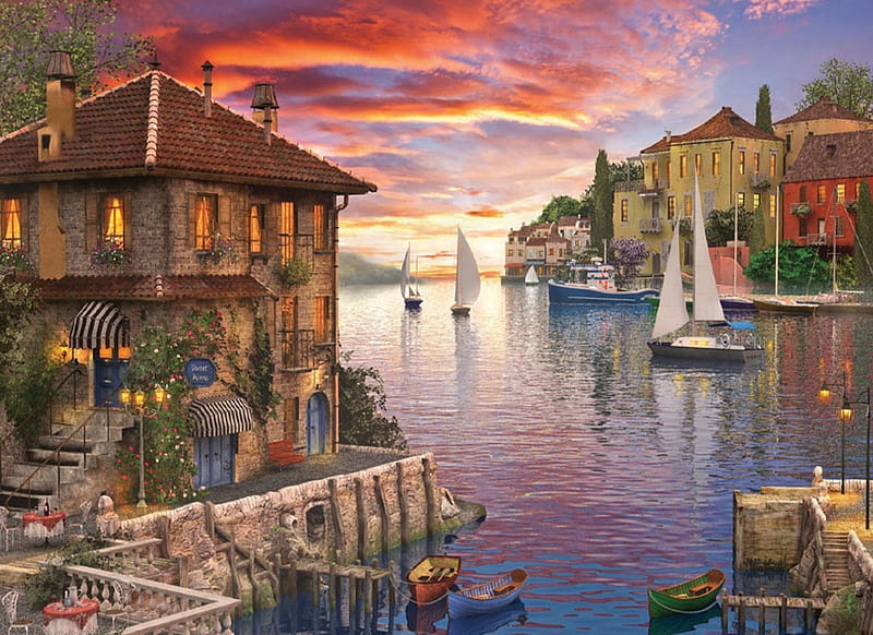 Mediterranean Harbor, yachts, cafe, water, restaurant, harbour, sunset, bistro, sky, HD wallpaper