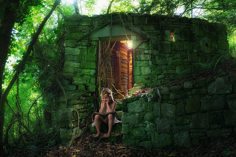 Just a hidden fairy library, forest, john wilhelm, creative, fantasy, girl, green, copil, child, funny, HD wallpaper