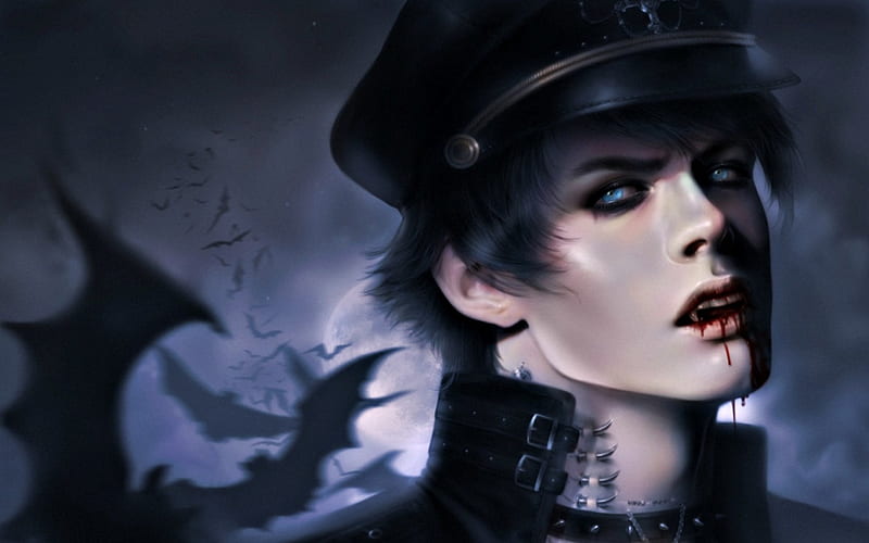 Vampire's blood, art, guy, black, man, blood, hat, zeilyan, fantasy, moon, bat, vampire, blue eyes, HD wallpaper