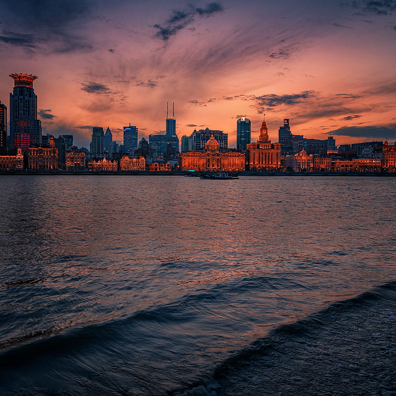 city, horizon, water, evening, HD phone wallpaper