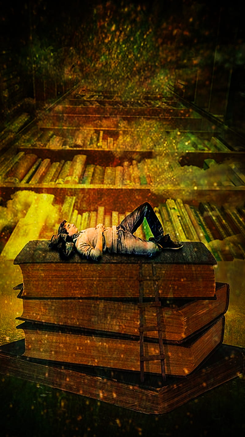 Book World, HI, art, black, book country, books, bright, color, country, dream, fantastic, giant, green, history, human, land, land of books, large, lettering, library, light, love, sleep, stairs, stars, summer, yellow, HD phone wallpaper