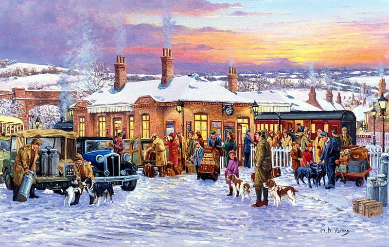 Home for Christmas, luggage, train, snow, people, car, station, xmas, winter, HD wallpaper
