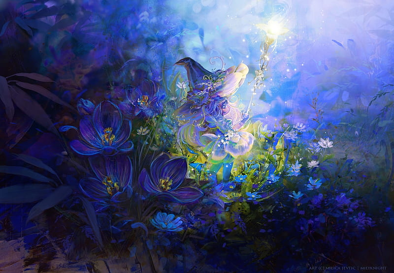 Spring awakening, art, fantasy, flower, violet, milyknight, spring, primavara, blue, crocus, HD wallpaper