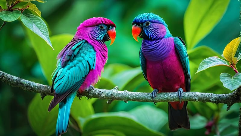Two colorful parrott sit on a branch with, faag, bibor, szines tollazat, elenk szinek, csor, szines papagaj, ules, vadvilag, zold termeszet, lila, HD wallpaper