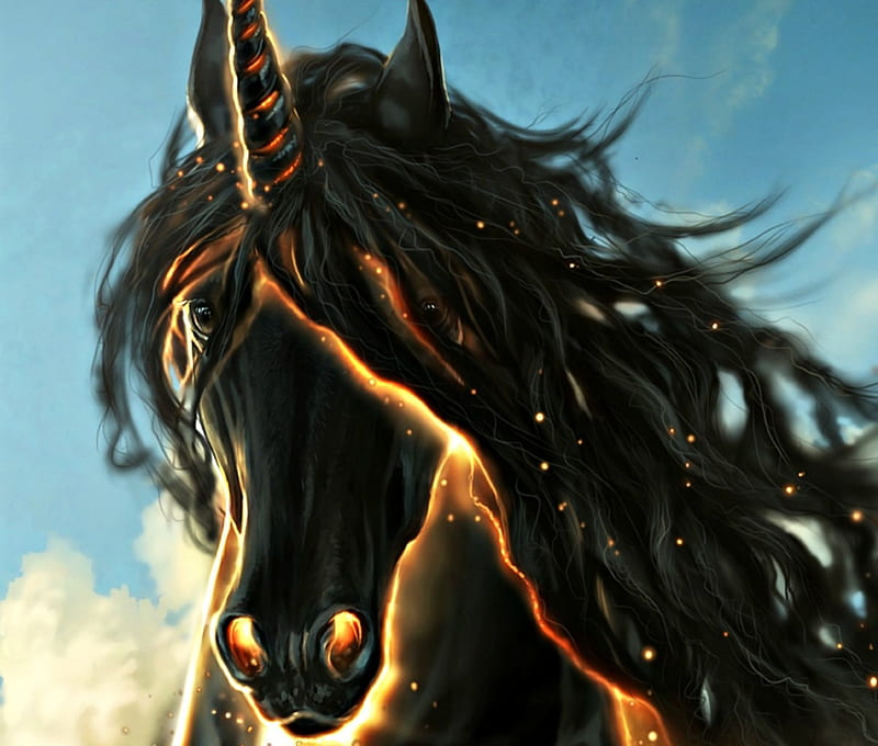 Lumen Spiritus, luminos, unicorn, black, balaa, horse, blue, HD wallpaper